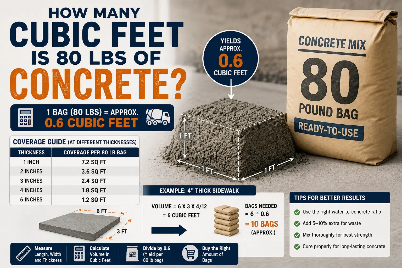 how many cubic feet is 80 lbs of concrete