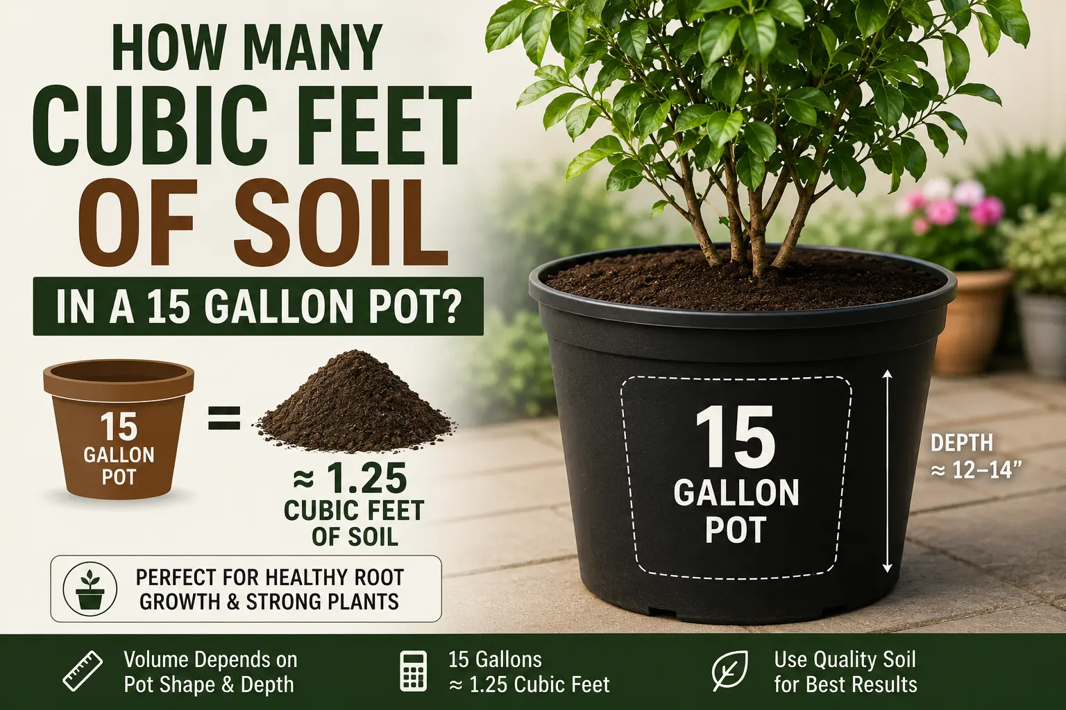 how many cubic feet of soil in a 15 gallon pot