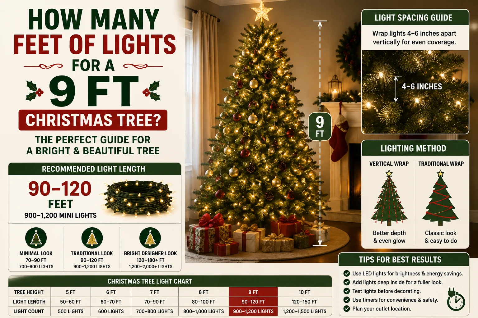 how many feet of lights for a 9 ft christmas tree