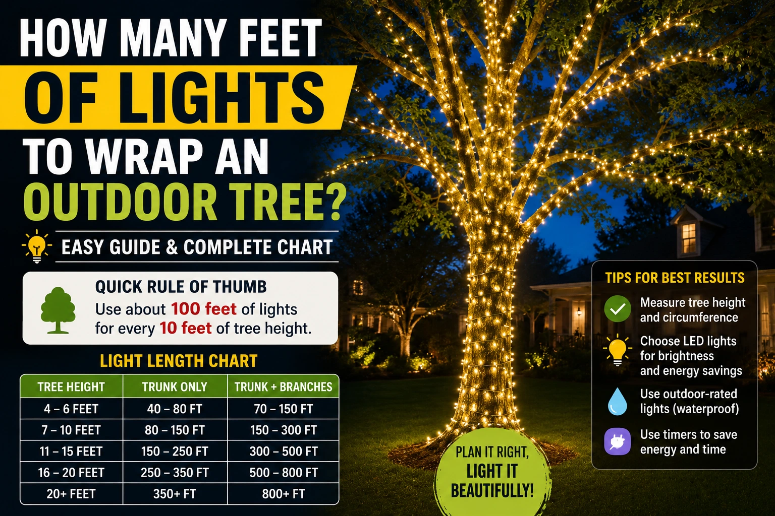 how many feet of lights to wrap an outdoor tree