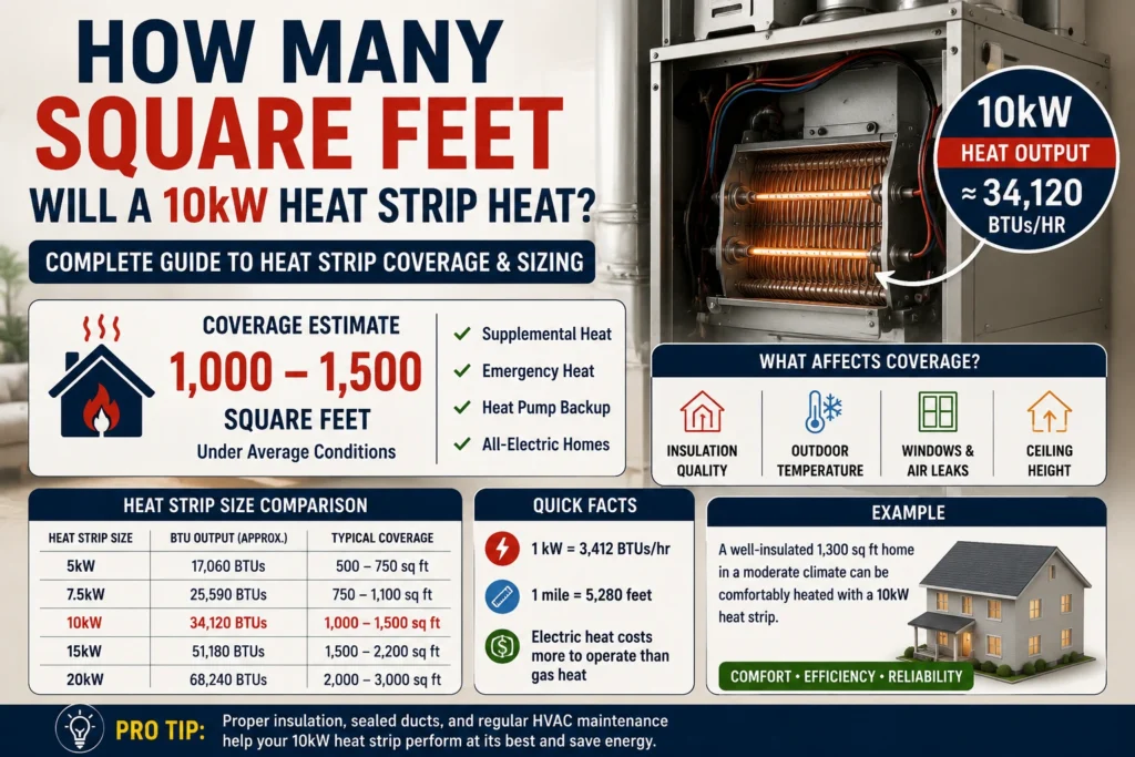 how many square feet will a 10kw heat strip heat