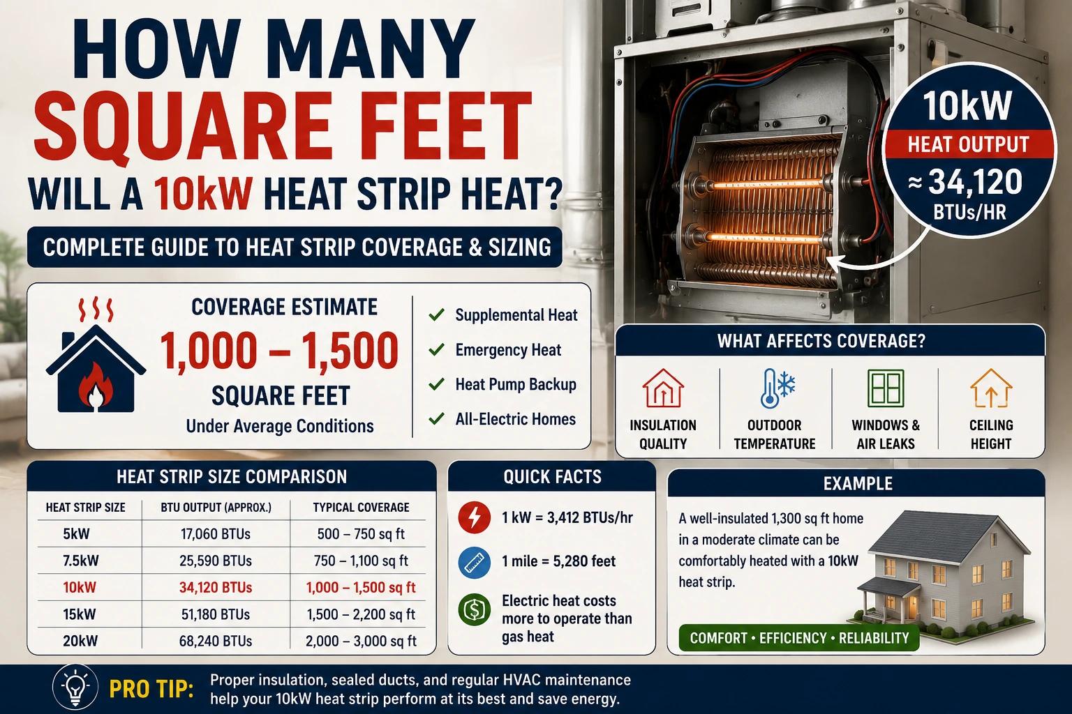 how many square feet will a 10kw heat strip heat