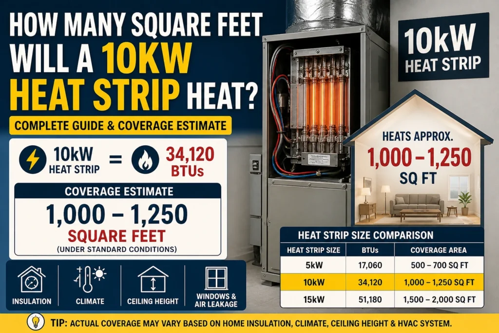 how many square feet will a 10kw heat strip heat