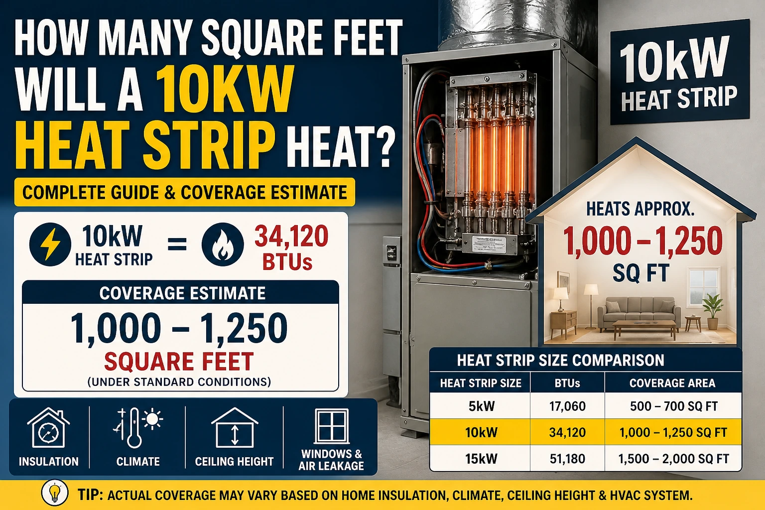 how many square feet will a 10kw heat strip heat