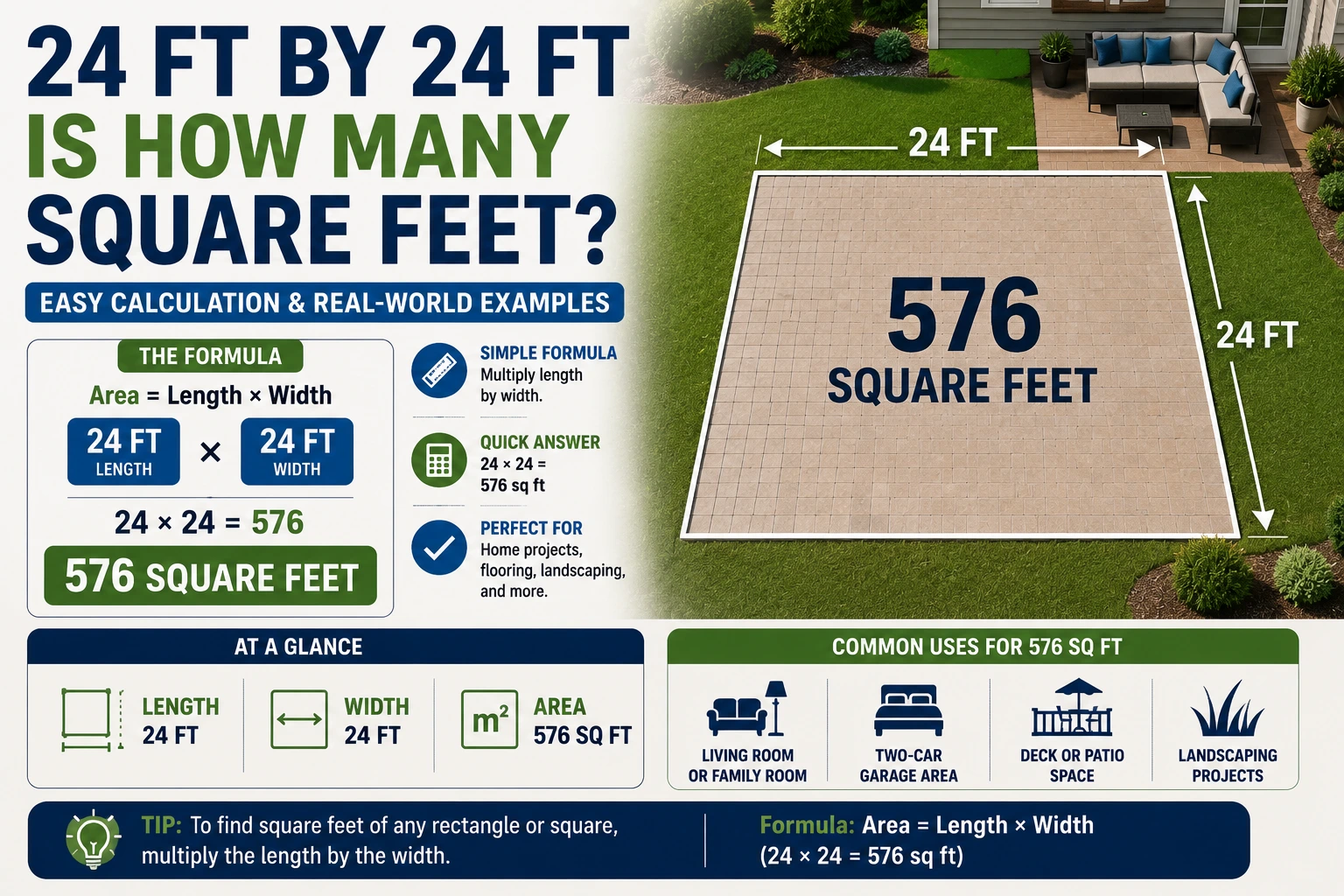 24 ft by 24 ft is how many square feet