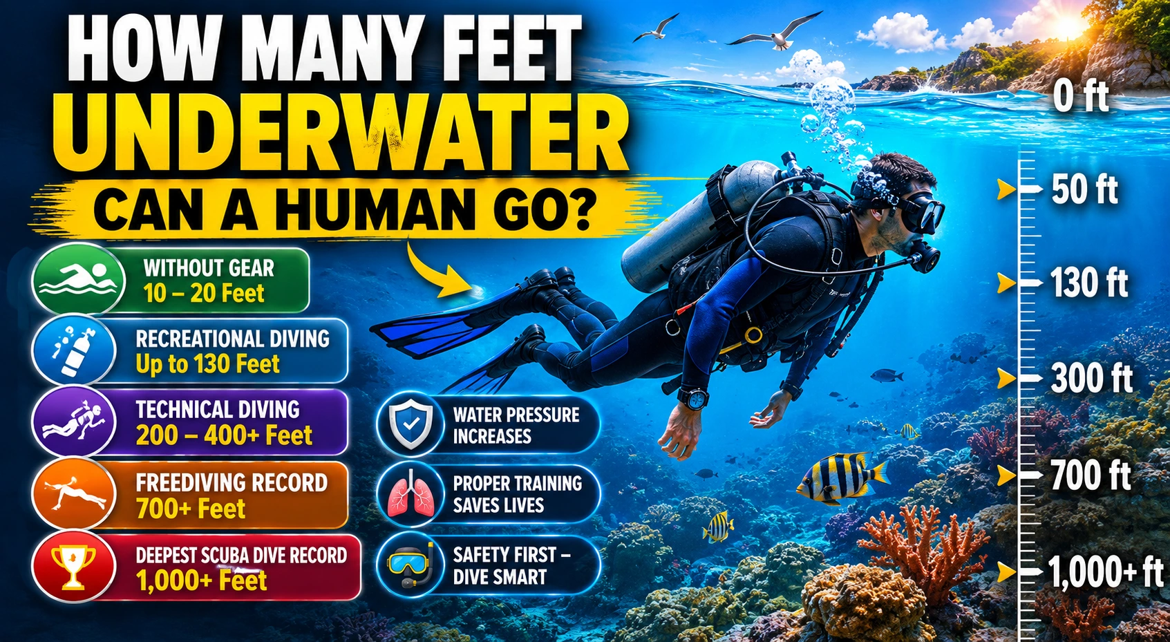 how many feet underwater can a human go